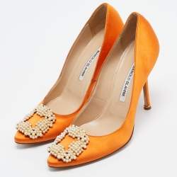 Pre Owned Manolo Blahnik  Orange Satin Hangisi Pumps Size 38.5