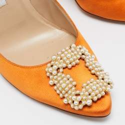Pre Owned Manolo Blahnik  Orange Satin Hangisi Pumps Size 38.5