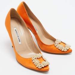 Pre Owned Manolo Blahnik  Orange Satin Hangisi Pumps Size 38.5