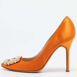Pre Owned Manolo Blahnik  Orange Satin Hangisi Pumps Size 38.5