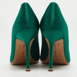 Pre Owned Manolo Blahnik Green Satin Hangisi Pointed Toe Pumps Size 38.5