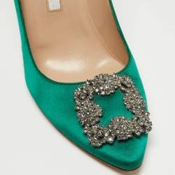 Pre Owned Manolo Blahnik Green Satin Hangisi Pointed Toe Pumps Size 38.5