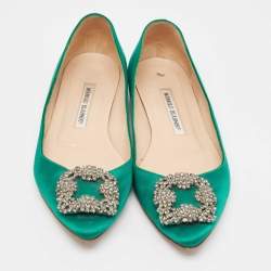 Pre Owned Manolo Blahnik Green Satin Hangisi Ballet Flats Size 37.5
