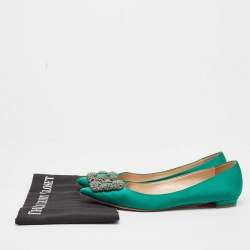 Pre Owned Manolo Blahnik Green Satin Hangisi Ballet Flats Size 37.5