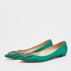 Pre Owned Manolo Blahnik Green Satin Hangisi Ballet Flats Size 37.5