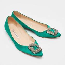 Pre Owned Manolo Blahnik Green Satin Hangisi Ballet Flats Size 37.5