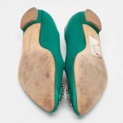 Pre Owned Manolo Blahnik Green Satin Hangisi Ballet Flats Size 37.5