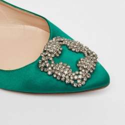 Pre Owned Manolo Blahnik Green Satin Hangisi Ballet Flats Size 37.5