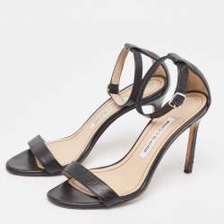 Pre Owned Manolo Blahnik Black Leather Ankle Strap Sandals Size 37