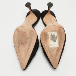 Pre Owned Manolo Blahnik Black Satin and Lace Crystal Embellished Mule Sandals Size 37