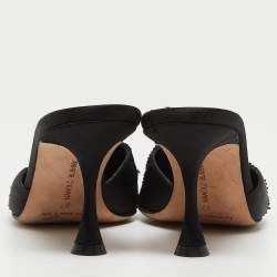Pre Owned Manolo Blahnik Black Satin and Lace Crystal Embellished Mule Sandals Size 37