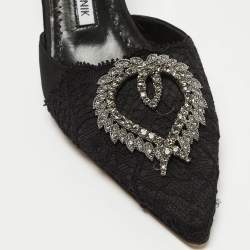 Pre Owned Manolo Blahnik Black Satin and Lace Crystal Embellished Mule Sandals Size 37
