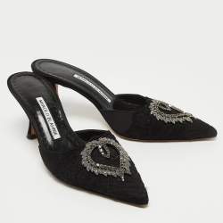 Pre Owned Manolo Blahnik Black Satin and Lace Crystal Embellished Mule Sandals Size 37