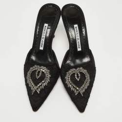 Pre Owned Manolo Blahnik Black Satin and Lace Crystal Embellished Mule Sandals Size 37