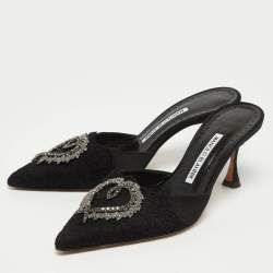 Pre Owned Manolo Blahnik Black Satin and Lace Crystal Embellished Mule Sandals Size 37