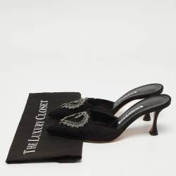 Pre Owned Manolo Blahnik Black Satin and Lace Crystal Embellished Mule Sandals Size 37