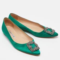 Manolo Blahnik Green Satin Hangisi Ballet Flats Size 39.5