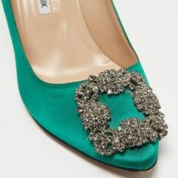 Manolo Blahnik Green Satin Hangisi Crystal Embellished Pumps Size 37