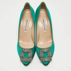 Manolo Blahnik Green Satin Hangisi Crystal Embellished Pumps Size 37