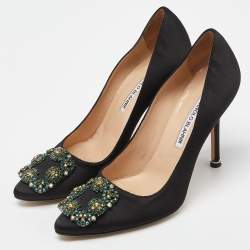 Pre Owned Manolo Blahnik Black Satin Embellished Hangisi Pumps Size 37