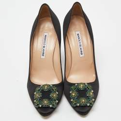 Pre Owned Manolo Blahnik Black Satin Embellished Hangisi Pumps Size 37