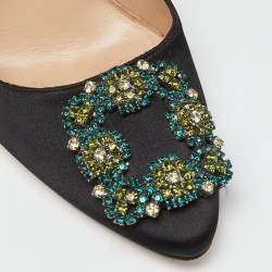 Pre Owned Manolo Blahnik Black Satin Embellished Hangisi Pumps Size 37