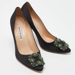 Pre Owned Manolo Blahnik Black Satin Embellished Hangisi Pumps Size 37