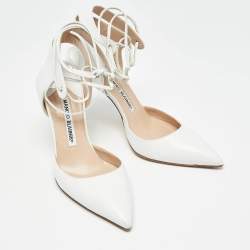 Pre Owned Manolo Blahnik White Leather Lara Tie Pumps Size 37