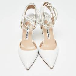 Pre Owned Manolo Blahnik White Leather Lara Tie Pumps Size 37