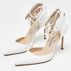 Pre Owned Manolo Blahnik White Leather Lara Tie Pumps Size 37