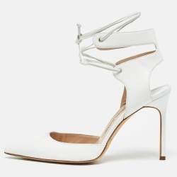 Pre Owned Manolo Blahnik White Leather Lara Tie Pumps Size 37