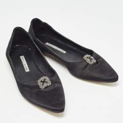 Manolo Blahnik Black Satin Crystal Embellished Ballet Flats Size 37