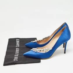 Pre Owned Manolo Blahnik Satin Nadira Crystal Embellished Pointed Toe Pumps Size 37.5