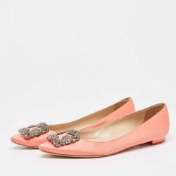 Pre Owned Manolo Blahnik Pink Satin Hangisi Ballet Flats Size 37.5