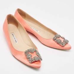 Pre Owned Manolo Blahnik Pink Satin Hangisi Ballet Flats Size 37.5