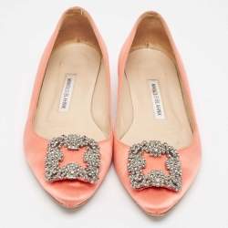 Pre Owned Manolo Blahnik Pink Satin Hangisi Ballet Flats Size 37.5