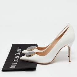 Manolo Blahnik White Leather Embellished Pointed Toe Pumps Size 37.5