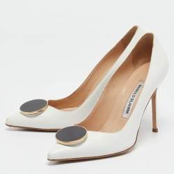 Manolo Blahnik White Leather Embellished Pointed Toe Pumps Size 37.5