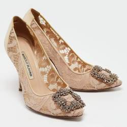 Pre Owned Manolo Blahnik Beige Lace and Satin Hangisi Pumps Size 36.5