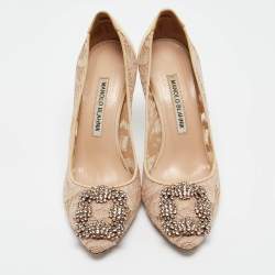 Pre Owned Manolo Blahnik Beige Lace and Satin Hangisi Pumps Size 36.5