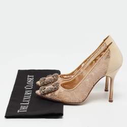 Pre Owned Manolo Blahnik Beige Lace and Satin Hangisi Pumps Size 36.5