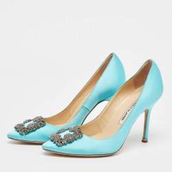 Pre Owned Manolo Blahnik Blue Satin Hangisi Pumps Size 37