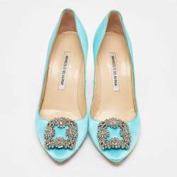 Pre Owned Manolo Blahnik Blue Satin Hangisi Pumps Size 37