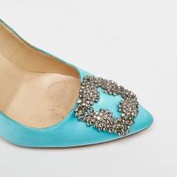 Pre Owned Manolo Blahnik Blue Satin Hangisi Pumps Size 37