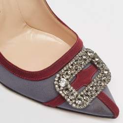 مملوكة مسبقًا Manolo Blahnik Grey/Burgundy Satin and Canvas Gotrian Pumps Size 39