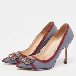مملوكة مسبقًا Manolo Blahnik Grey/Burgundy Satin and Canvas Gotrian Pumps Size 39