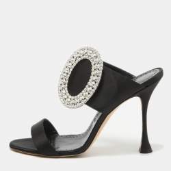 Manolo Blahnik Black Satin Fibiona Slide Sandals Size 40