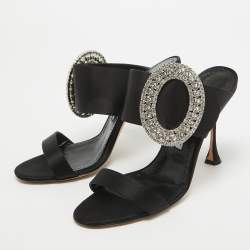 Manolo Blahnik Black Satin Fibiona Slide Sandals Size 40