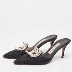 Pre Owned Manolo Blahnik Black Lace and Mesh Crystal Borli Mules Size 38