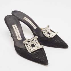 Pre Owned Manolo Blahnik Black Lace and Mesh Crystal Borli Mules Size 38
